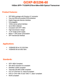 Module émetteur-récepteur optique GOXP BI3296 60 BiDi 1330TX 1270RX 60KM Fibre monomode DDM Connecteur LC pour réseaux de télécommunications - Product Image 4