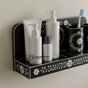 ชั้นวางของในห้องน้ำลายดอกไม้สีดำ ชั้นวางของตกแต่งผนังห้องน้ำทำจากไม้ พร้อมที่วางแปรงสีฟัน - Product Image 5