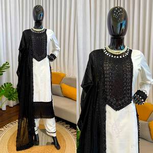 Designer Intricate Thread And Sequence Work Natural Crepe <b>Top</b> With Bottom And Dupatta Fully Stitched Ready To Wear Set - Product Image 4