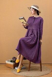 Robe longue décontractée pour femme en coton et lin, style bohème, coupe ample, manches longues, violette, à volants - Product Image 4