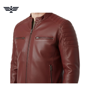 Chaqueta de Motociclista para Hombre, Roja, de Cuero Genuino, Impermeable, Rellena de Plumón, Cuello Alto, Cierre de Cremallera, Corte Ajustado, Color Sólido, para Otoño - Product Image 6