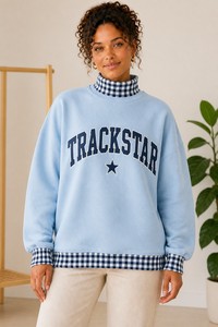 Powder Blue Women's Mock Neck Sweatshirt Navy White Gingham Trim Varsity Letter <b>Star</b> Trackstar Custom Private Label Pullover - Product Image 1