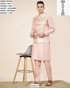 Bandhani Royal Blue <b>Silk</b> Men's Traditional <b>Kurta</b> Pajama with Designer Jacquard Nehru Jacket - Product Image 4