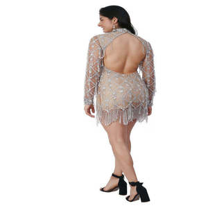 Minivestido de lentejuelas plateadas de lujo con cuello alto y manga larga |   Vestido de Fiesta con Flecos para Mujer, Diseño de Diseñador, Ropa de Cóctel |   India 2026 Premium Fit - Product Image 3