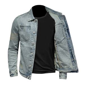 Veste décontractée pour homme en toile bleu clair respirante, coupe droite, col rabattu, style usé et déchiré, avec logo frontal et fermetures éclair, idéale pour l'automne - Product Image 2