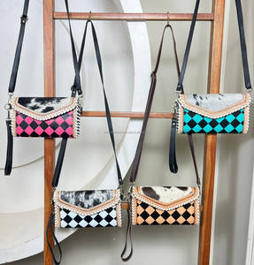 Sac à main Western en cuir de vachette véritable à carreaux noir et blanc, avec poignée et bandoulière, mini sac pour femmes - Product Image 4