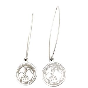 Silver Tone Round Medallion Drop <b>Earrings</b> with Long Wire <b>Hooks</b> Engraved Family Emblem Lightweight Dangle Jewelry for Women - Product Image 1