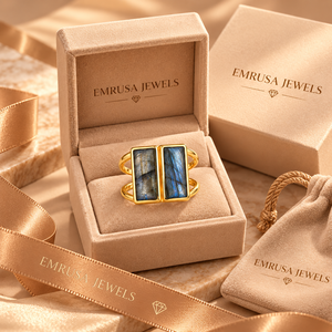 Gold Color <b>Brass</b> Double Stone <b>Ring</b> for Women Rectangular Gemstone Minimalist Party Jewelry with Prong Setting Blue Kynite - Product Image 5