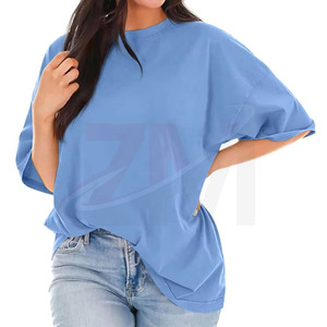T-shirt ample uni bleu à col rond et manches courtes pour femme, en jersey de coton, coupe décontractée, idéal printemps-été – Grande Vente - Product Image 2