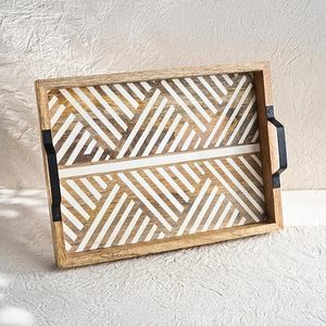 Luxury Wood Serving <b>Tray</b> with Geometric Pattern and Handle <b>for</b> <b>Coffee</b> <b>Table</b> and Hotels <b>Decor</b> - Product Image 3