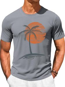 Camiseta de Manga Corta Gris para Hombre con Estampado de Palmeras al Atardecer, Cuello Redondo, Corte Regular Informal, 100% Algodón Jersey Transpirable - Product Image 1