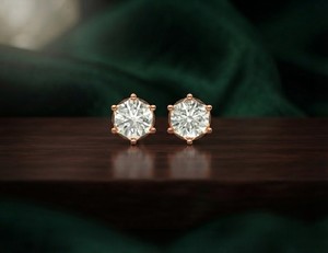 EF VVS1 Round Lab Diamond 18K Solid Rose Gold 6-Prong Solitaire Stud <b>Earrings</b> Women Bridal <b>Fine</b> Jewelry - Product Image 1