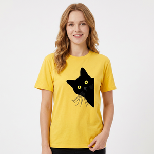 เสื้อยืดสีเหลืองสำหรับผู้ชาย พิมพ์ลายการ์ตูนแมวสีดำ แขนสั้น คอกลม ทรงลำลอง ผ้าฝ้ายเจอร์ซีย์ 100% - Product Image 5