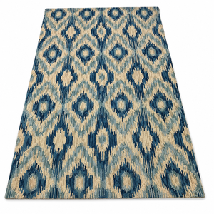 Alfombra de Lana Hecha a Mano, Color Azul Marfil, Patrón Geométrico Ikat, Alfombra Decorativa para Sala de Estar o Dormitorio - Product Image 1