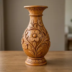Vase à fleurs en bois avec des sculptures florales et de feuilles complexes, fait à la main pour les fleurs, décoration de la maison, salon, chambre, bureau, hôtel, table - Product Image 4
