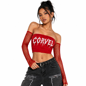 Gothic Graphic Bandeau Top Mesh Jersey Fabric Long Sleeve women's shirt <b>Punk</b> Style Streetwear Customized Logo Strapless Clubwear - Product Image 1