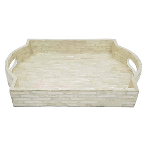 Plateau de service rond en rotin fait main avec incrustation de nacre et mosaïque, plateau décoratif pour table basse, organisateur en fibres naturelles - Product Image 3