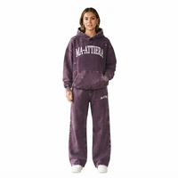 Ensemble survêtement streetwear pour femme en molleton de coton, comprenant un sweat à capuche oversize avec fermeture éclair et ceinture, et un pantalon de survêtement large, style vintage délavé, OEM ODM