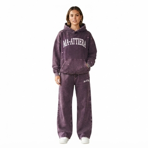 Conjunto de Sudadera Oversize Lavada Personalizada y Pantalones Anchos de Felpa para Mujer, Chándal de Algodón Estilo Urbano OEM ODM - Product Image 1