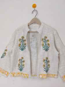 Veste florale imprimée à la main, veste en coton à fleurs jaunes, manteau bohème été-hiver - Product Image 2