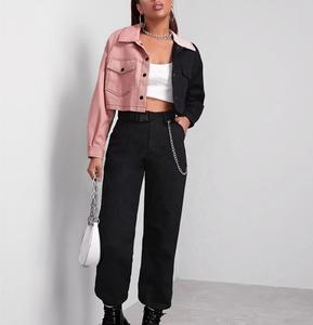 Wholesale OEM High Quality Unisex Denim Jacket Casual Jeans Regular Length pink Black Dyed Genuine Custom Knitted Cotton <b>Stand</b> - Product Image 6