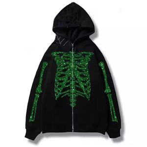Sweat à capuche personnalisé pour homme, 260 g/m², à fermeture éclair, délavé à l'acide, uni, coupe oversize, avec logo en strass, noir, impression numérique, pour l'hiver - Product Image 1
