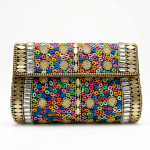 Handmade Beaded Floral Evening Clutch <b>Bag</b> <b>Gold</b> Mirror Work Flap Purse Party Handbag - Product Image 1