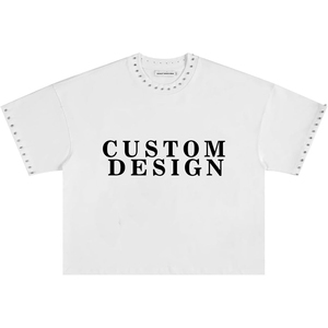 Camiseta de algodón blanca extragrande para hombre con diseño de logotipo personalizado, estampada y con pedrería en el cuello y las mangas. - Product Image 3