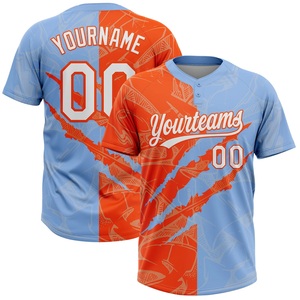 เสื้อเบสบอลสั่งทำพิเศษ พิมพ์ลายแบบ Sublimation สีฟ้าอ่อน-ส้ม แบบ Color Block สำหรับผู้ใหญ่ Unisex ระบายเหงื่อได้ดี แขนสั้น ชุดทีม - Product Image 1