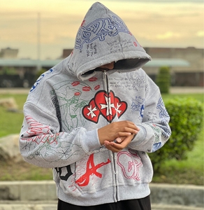 Sudadera con capucha de algodón personalizada para streetwear, con cremallera completa, estampada, de peso pesado, OEM ODM - Product Image 1