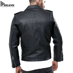 Veste de motard en cuir véritable noir pour homme, veste moto classique à fermeture éclair avec ceinture à la taille, poches zippées et épaulettes - Product Image 2