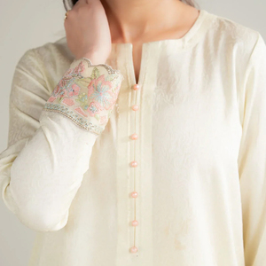 Elegant Cream Maxi <b>Dress</b> With Floral Embroidery Full Sleeve V-Neck Modest Style Handmade Cotton Gown - Product Image 6