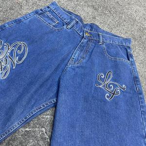 Blue Vintage Breathable <b>Embroidered</b> Denim Shorts Men Summer Casual Streetwear Mid Waist Straight Fit Belted Knee Length <b>Jeans</b> - Product Image 2