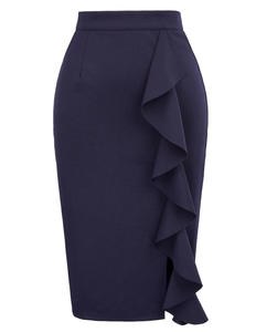 Jupe crayon asymétrique à volants taille haute noire pour femme, longueur genou, élégante, en tissu extensible uni, luxe, 100% polyester - Product Image 5