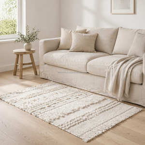 Handwoven Cotton Shag <b>Rug</b> with Soft Textured Stripe Design for Living Room, Bedroom & <b>Boho</b> Interiors - Product Image 1