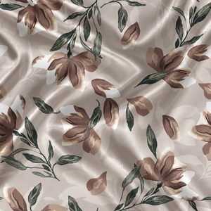 Tela de Seda 100% con Estampado Floral, Satén Textil Beige Marrón con Patrón de Hojas para Vestidos, Ropa de Cama y Cortinas - Product Image 1