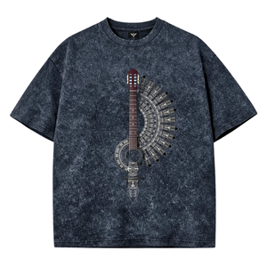 Mens Oversized Acid Wash Graphic <b>T</b>-<b>Shirt</b> Crew Neck Short Sleeve Drop Shoulder Vintage <b>Guitar</b> Feather Print Casual Streetwear - Product Image 1
