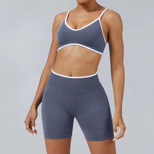 Custom Wholesale Womens Solid <b>Shapewear</b> Yoga Set Front Logo Scrunch Butt Shorts 2 Piece Gym Fitness Activewear - Product Image 2