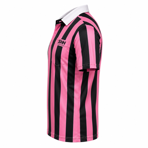 Men Pink Black Striped <b>Referee</b> Shirt White Polo Collar Chest Pocket Short Sleeve Professional Football Officials Game Jersey - Product Image 3
