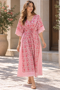 Red White Boho Kaftan <b>Dress</b> for Women Floral Print <b>Maxi</b> with Waist Tie 100% Cotton Breathable Elegant Beachwear - Product Image 3