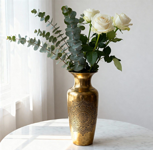 Stunning <b>gold</b> metal flower <b>vase</b> featuring an exquisite etched mandala pattern for elegant tabletop decor available at wholesale. - Product Image 1