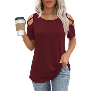 Women's Cold Shoulder T Shirt Short Sleeve Scoop Neck Solid Woven <b>Top</b> Loose Fit Summer Tee - Product Image 3