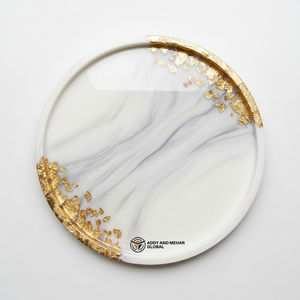 Luxury White Marble Effect Resin Serving Tray with Gold <b>Foil</b> Edge | Handmade Round Decorative Tray | Modern Minimalist Coffee - Product Image 1