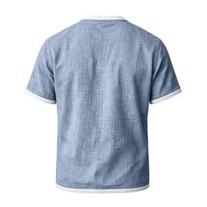 Camiseta de Verano para Hombre, Estampada, de Algodón y Lino, Manga Corta, Cuello Redondo, Ligera, Transpirable, con Ribete en Contraste y Bolsillo en el Pecho - Product Image 2