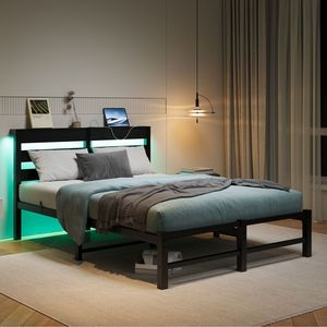 Struttura letto matrimoniale in metallo con testiera in legno, luci RGB, prese di corrente, caricatore, ripiano contenitore silenzioso, nessuna rete a molle necessaria - Product Image 3