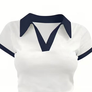 Pull court tricoté compressé violet pour femme, style décontracté, à col blanc et manches longues, couleur unie - Product Image 6