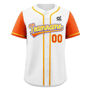 เสื้อเบสบอลสีขาวแบบกำหนดเองปี 2025 แขนสีส้ม แต่งขอบสีเหลือง ติดกระดุม ชุดทีม ปักชื่อและหมายเลขได้ สไตล์โปร ขายส่ง - Product Image 5