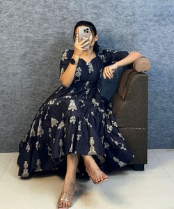 Black A-Line Maxi <b>Dress</b> V-Neck Cap Sleeve Floral Print Organza Elegant Summer <b>Dress</b> With <b>Ruffles</b> RUDRA <b>DRESS</b> 85509 - Product Image 1