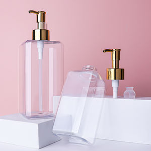 卸売 ラグジュアリー 透明 300ml 500ml PET角型プラスチックシャンプーボトル ゴールドポンプ付き - Product Image 5