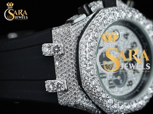 Reloj de Lujo con Diamantes VVS Moissanite, Esfera con Incrustaciones, Correa de Goma Negra, Acero Inoxidable, Joyería Premium de Regalo de la India - Product Image 5